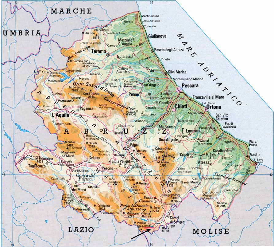 Map of the Abruzzo region of Italy marking Alfedena near its southern border