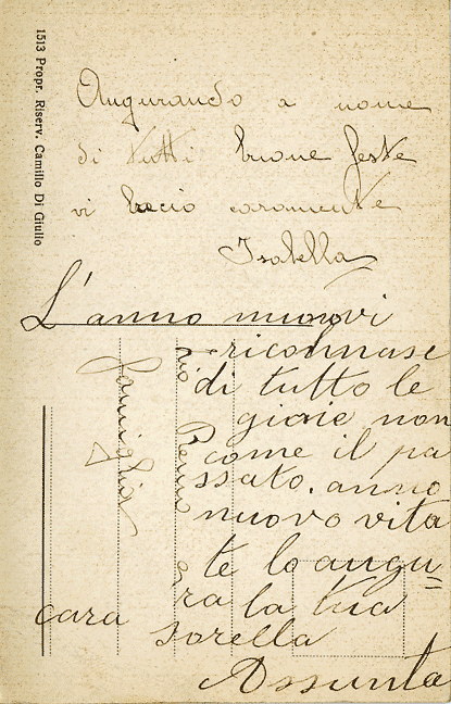 Back of the Via Roma postcard with handwritten Italian correspondence
