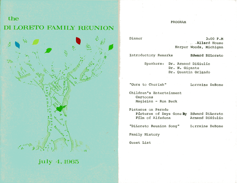 Cover and program pages from the 1965 DiLoreto family reunion in Harper Woods, Michigan