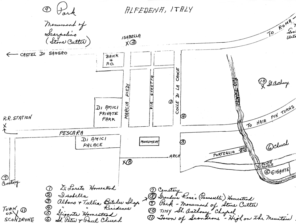 Hand-drawn map marking the DiLoreto homestead in Alfedena, L'Aquila, Italy
