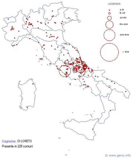 Map of Italy showing the regional distribution of people with the DiLoreto surname