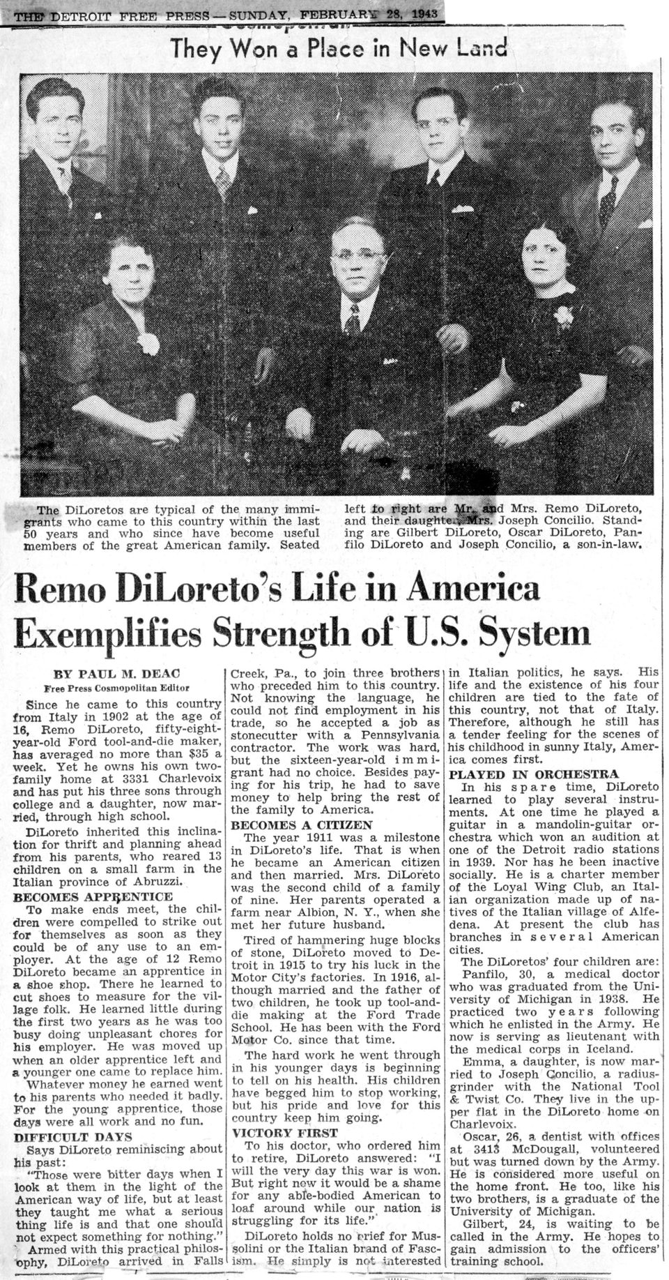 Scanned 1943 Detroit Free Press article profiling Remo DiLoreto and his family